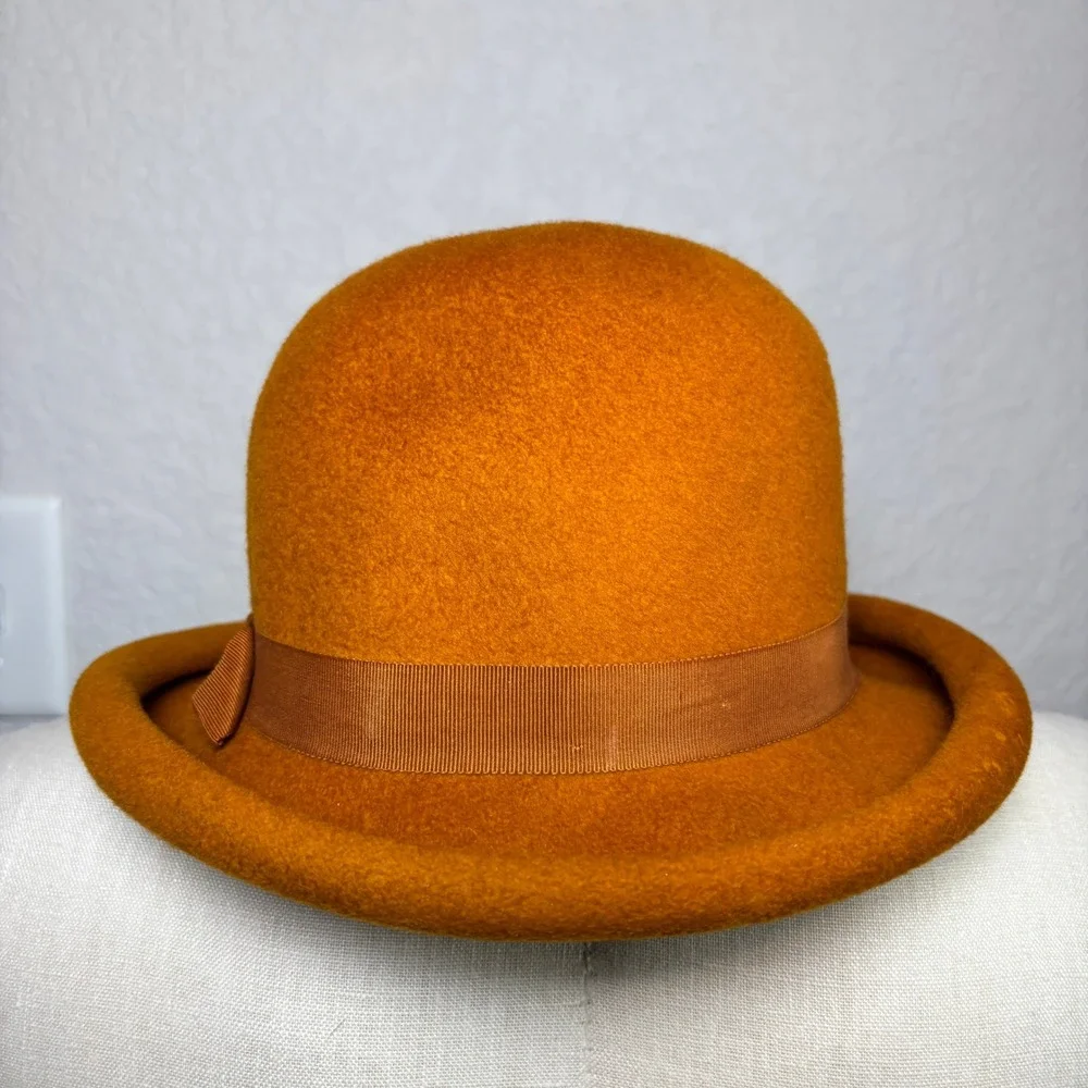 Vintage Union Made Wool Felt Bowler Derby Hat Burnt Orange Grosgrain Ribbon Bow - Picture 10 of 10